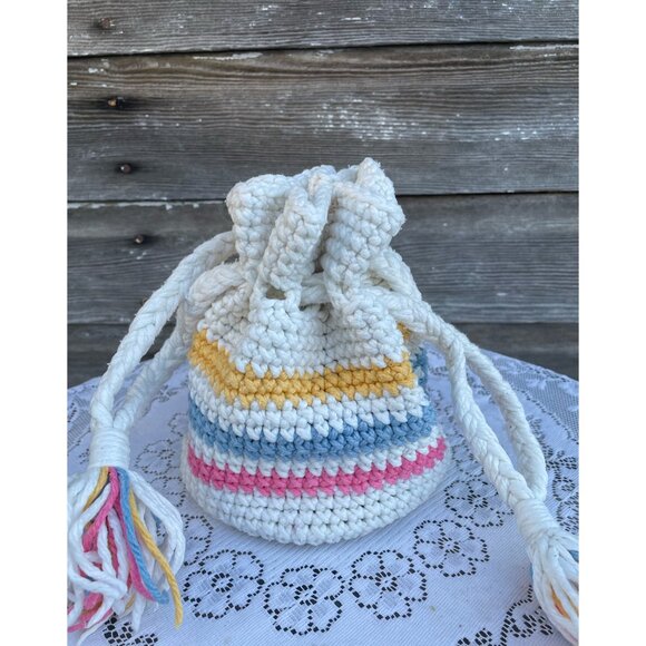 Vintage 1970s Cotton Crochet Pastel Stripe Drawstring Bag Purse - Picture 1 of 13